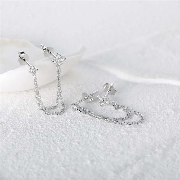 925 Sterling Silver Stud Double Piercing Platinum Earrings - Picture 4 of 5
